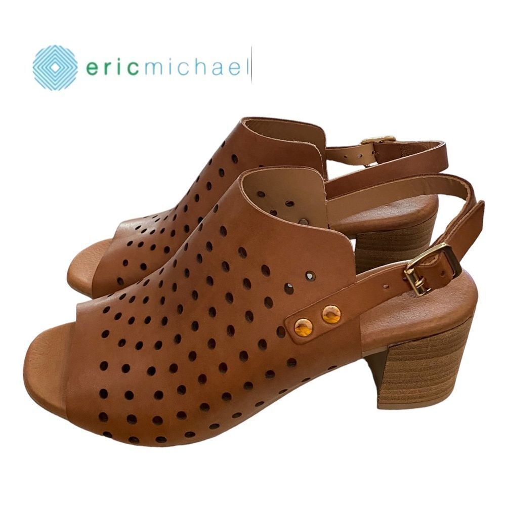 ERIC MICHAEL Berkeley Cognac Leather Perforated Heeled Sandals NEW 40 9.5 10
